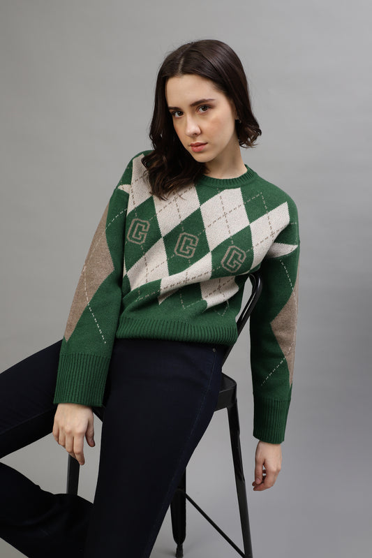 Gant Women Printed Round Neck Full Sleeves Sweater