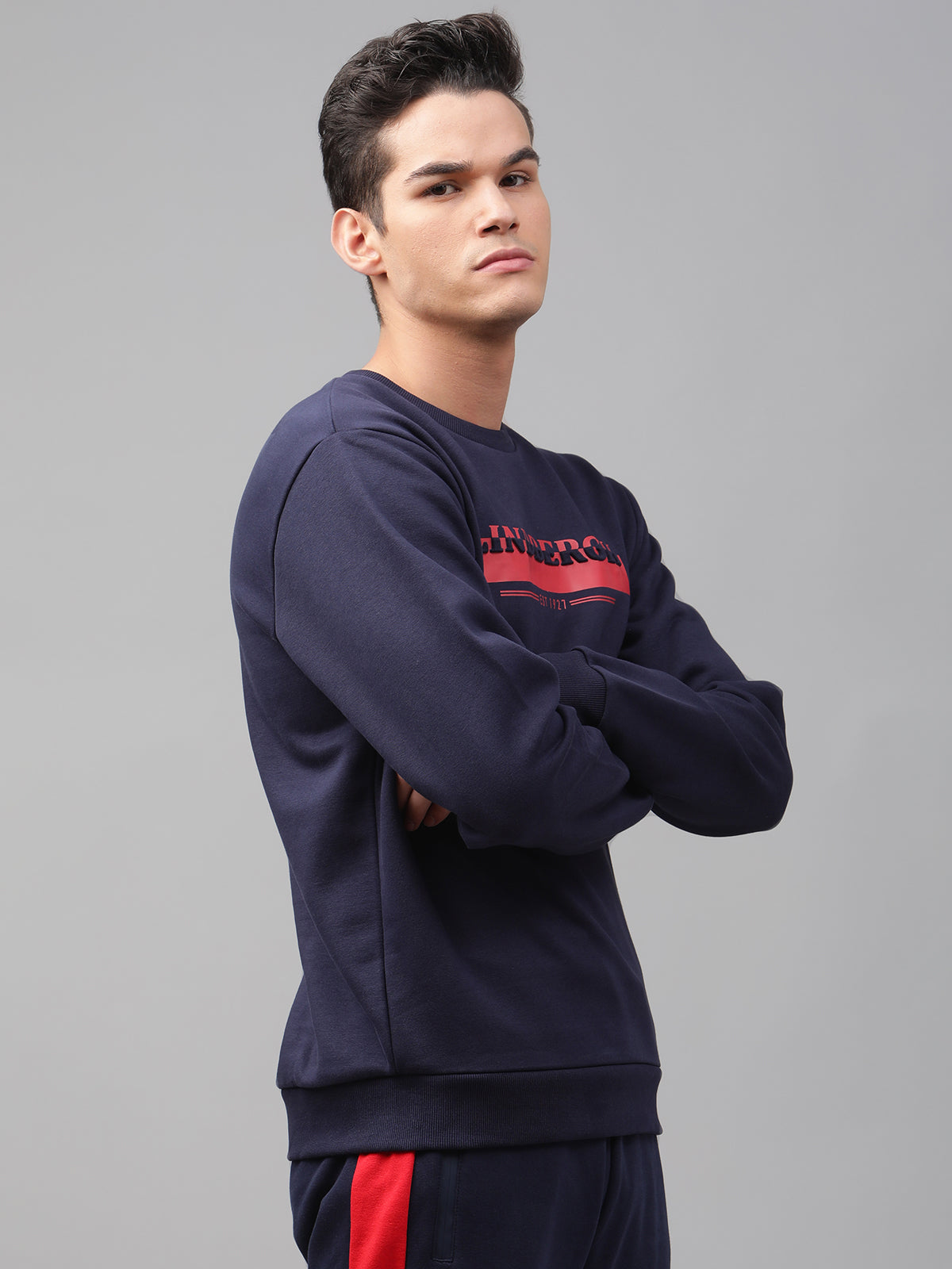 Lindbergh Men Navy Blue Solid Round Neck Full Sleeves SweaT-shirt