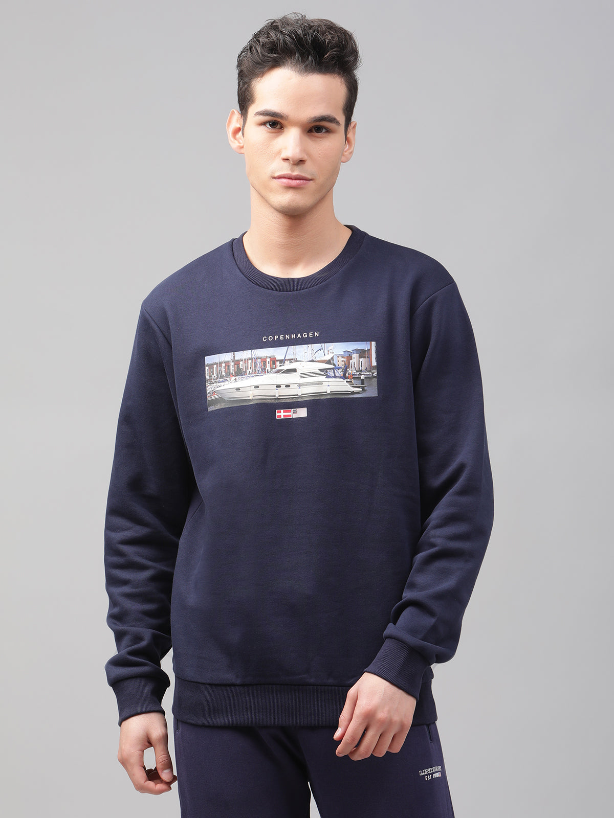 Lindbergh Men Navy Blue Printed Round Neck Full Sleeves SweaT-shirt