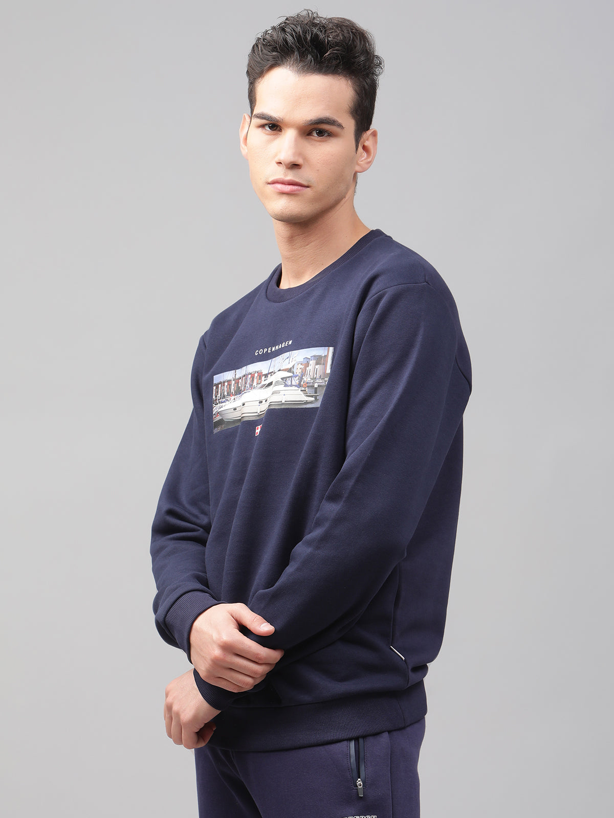 Lindbergh Men Navy Blue Printed Round Neck Full Sleeves SweaT-shirt