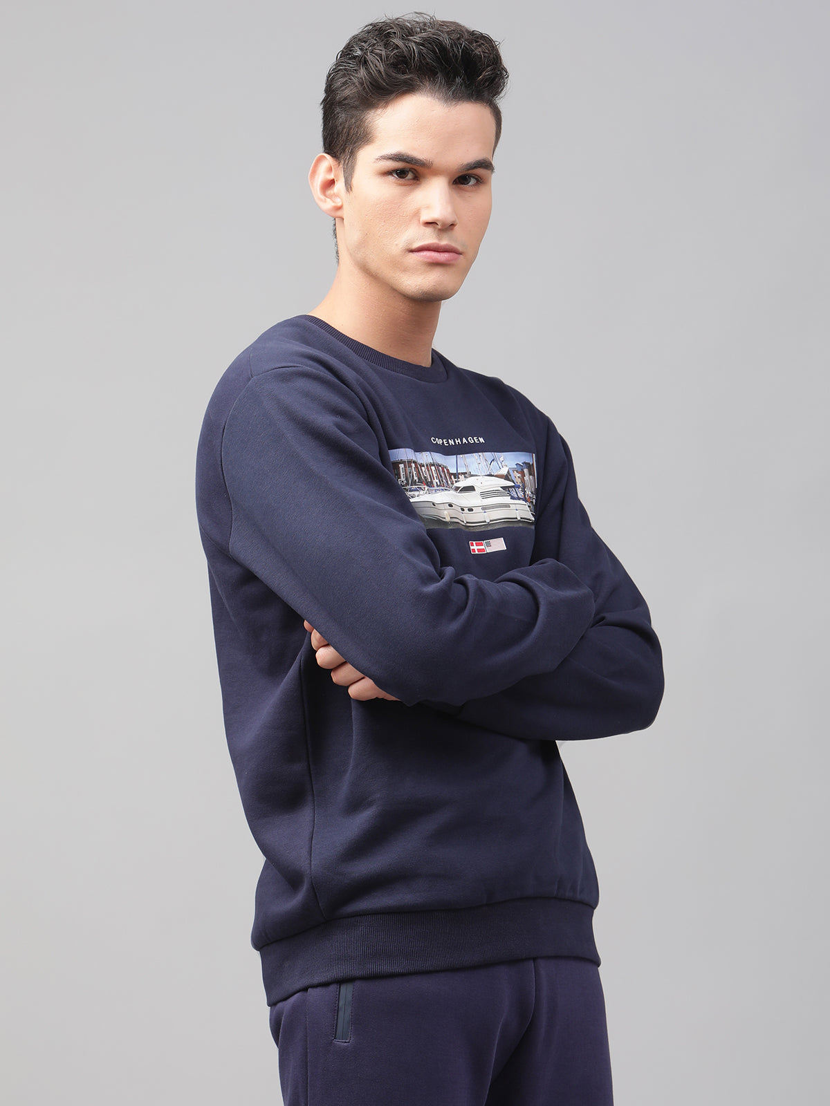 Lindbergh Men Navy Blue Printed Round Neck Full Sleeves SweaT-shirt
