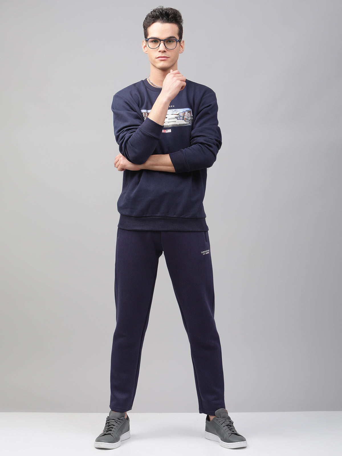 Lindbergh Men Navy Blue Printed Round Neck Full Sleeves SweaT-shirt