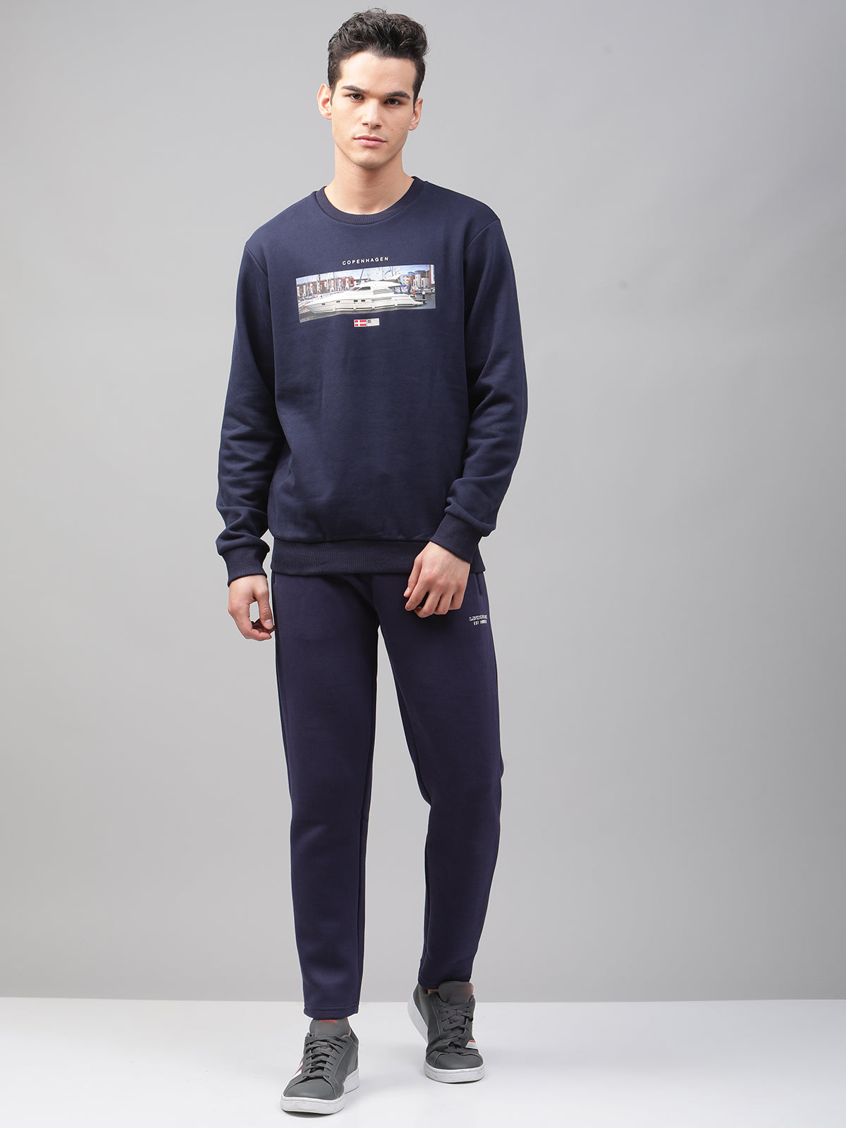 Lindbergh Men Navy Blue Printed Round Neck Full Sleeves SweaT-shirt