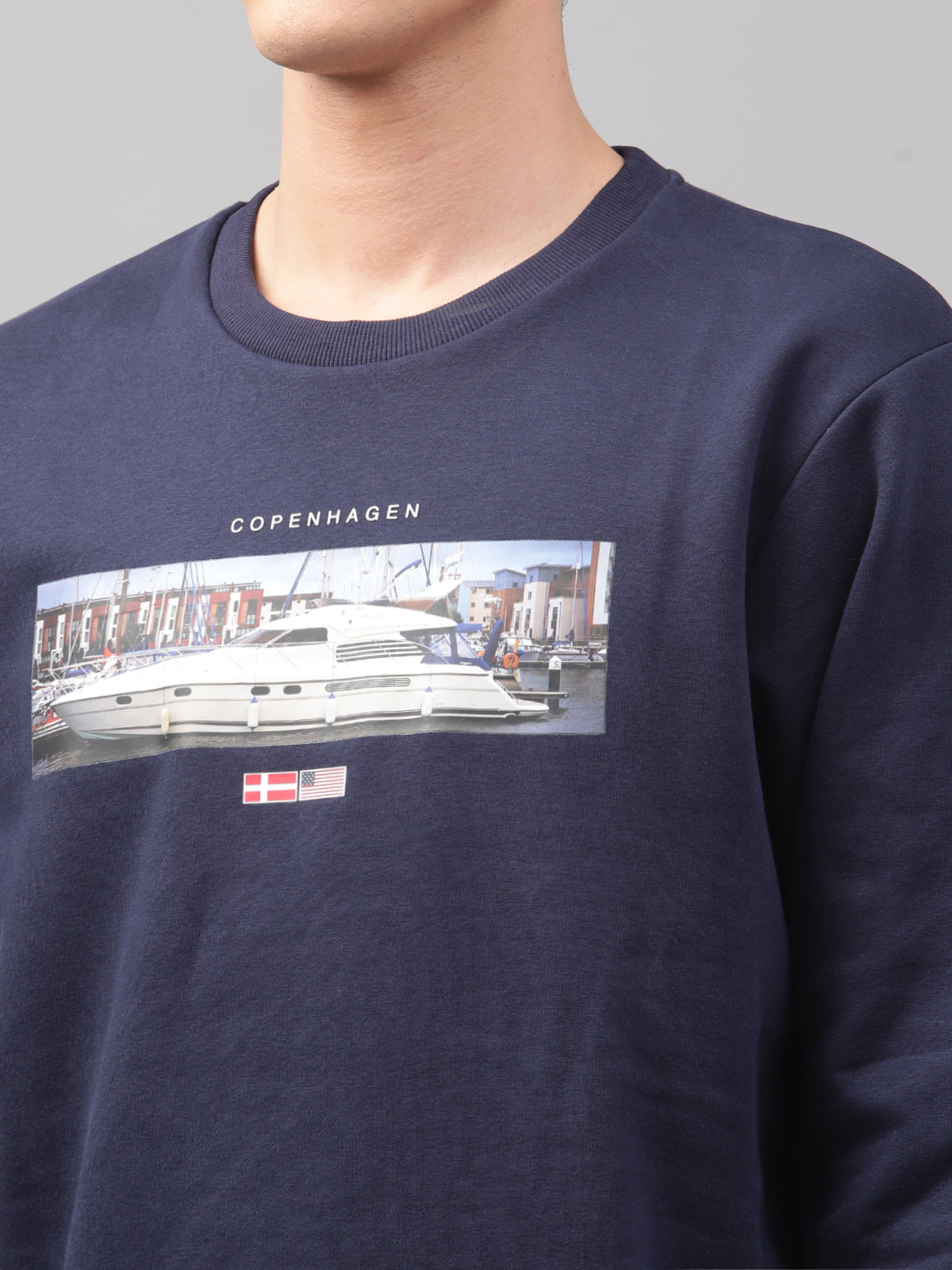 Lindbergh Men Navy Blue Printed Round Neck Full Sleeves SweaT-shirt