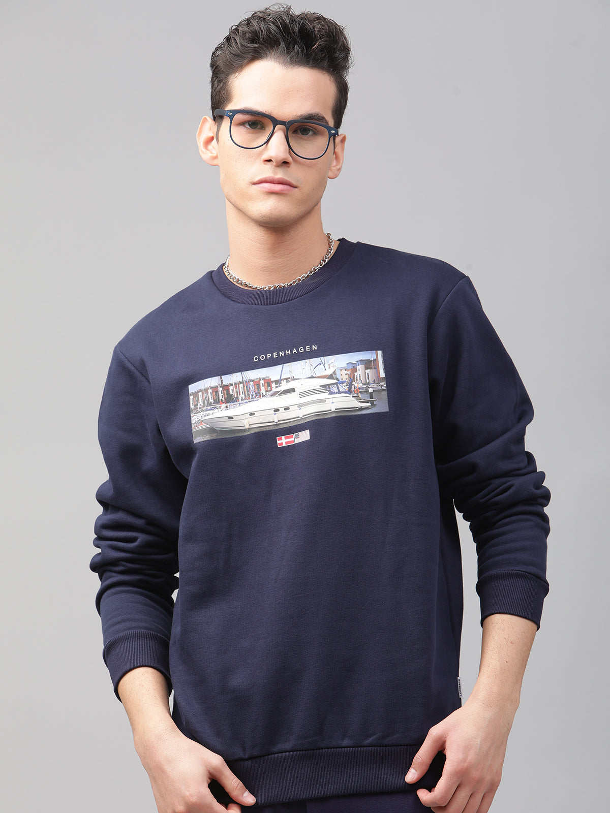 Lindbergh Men Navy Blue Printed Round Neck Full Sleeves SweaT-shirt