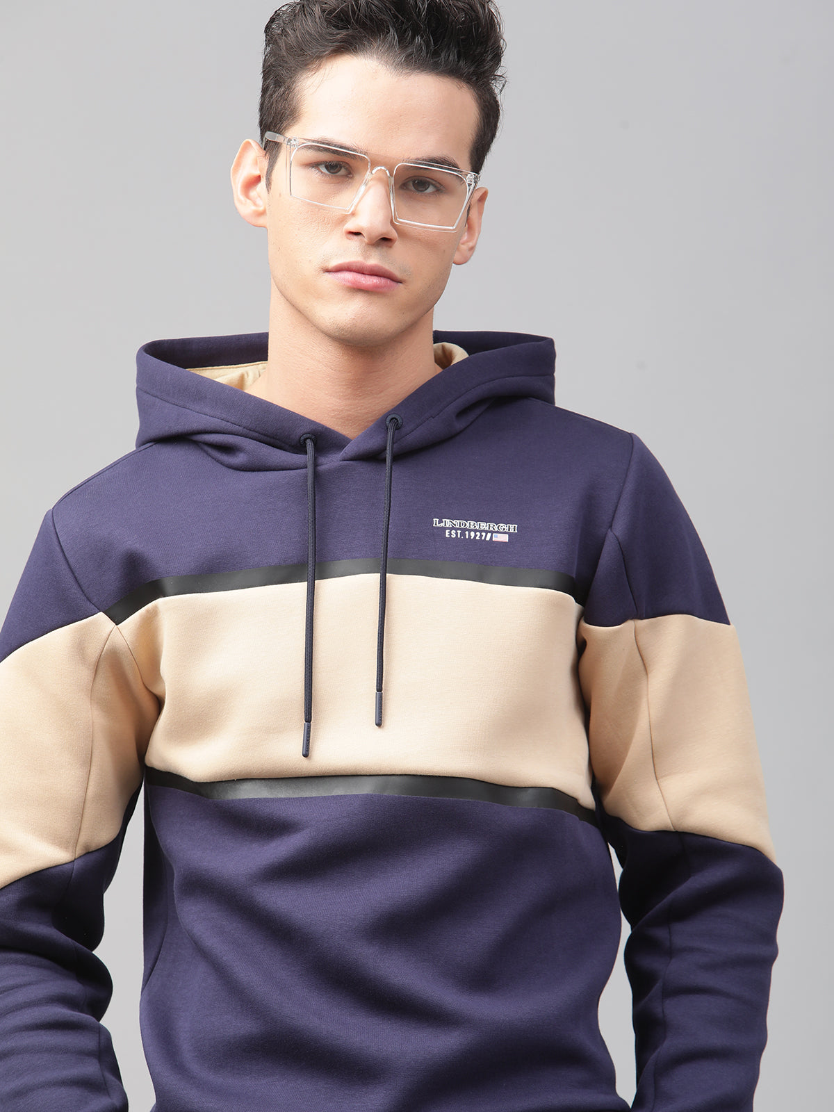 Lindbergh Men Multi Colour blocked Hooded Full Sleeves SweaT-shirt