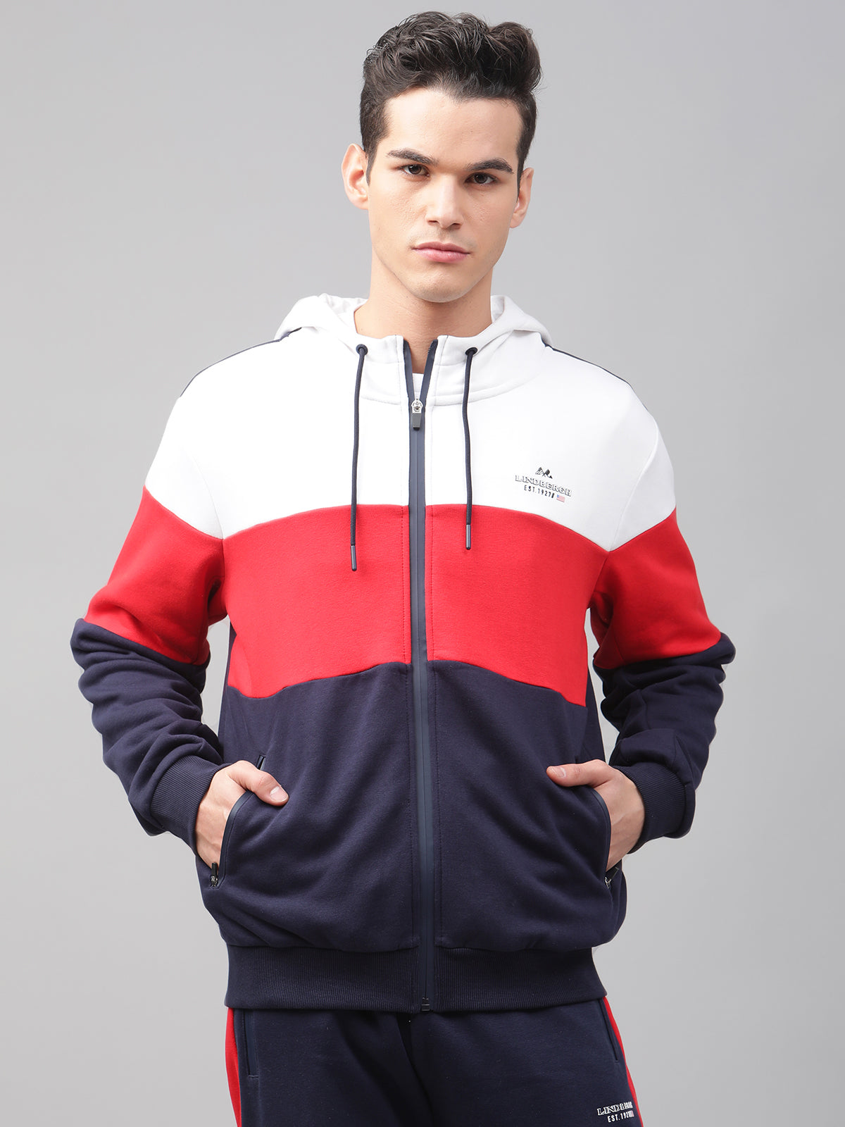 Lindbergh Men Multi Colour blocked Hooded Full Sleeves SweaT-shirt