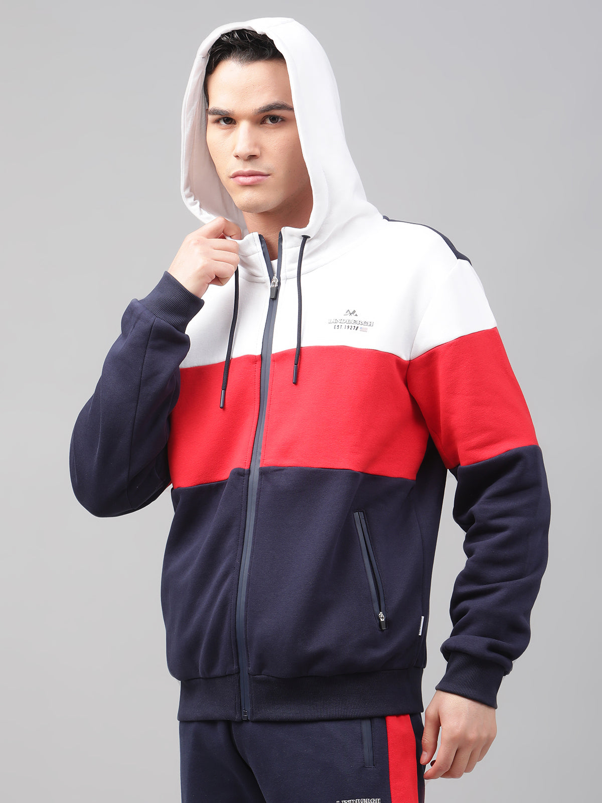 Lindbergh Men Multi Colour blocked Hooded Full Sleeves SweaT-shirt