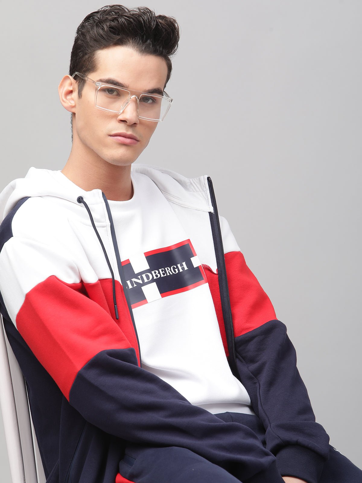 Lindbergh Men Multi Colour blocked Hooded Full Sleeves SweaT-shirt