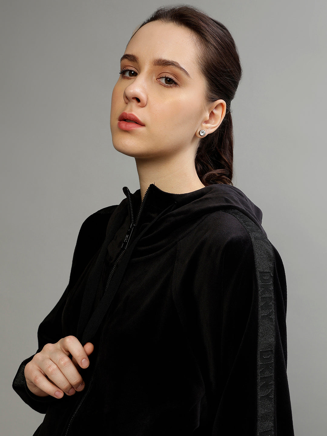 Dkny Women Solid Hooded Full Sleeves Jacket