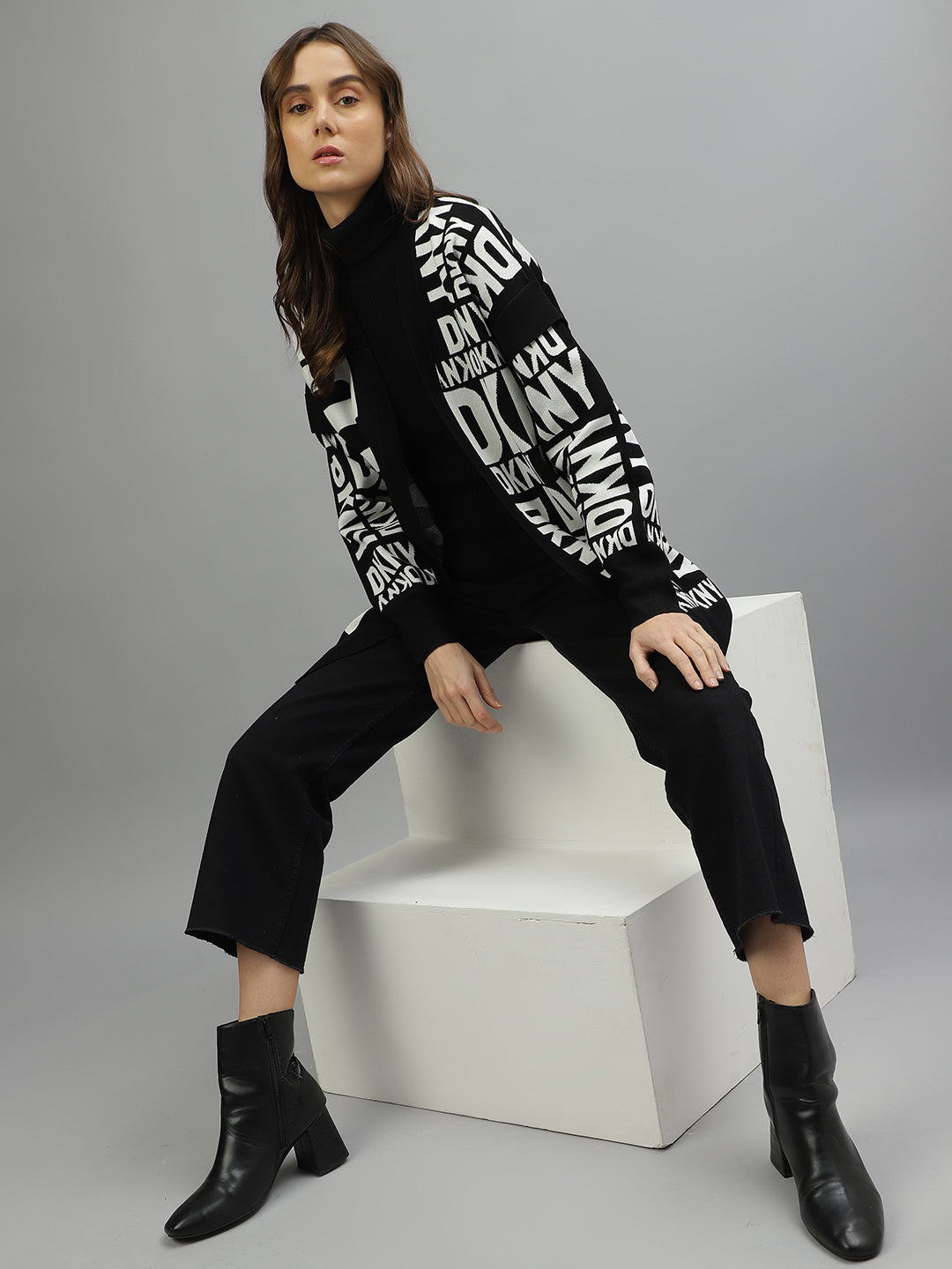 Shop Dkny Women Printed Front Open Full Sleeves Sweater Online