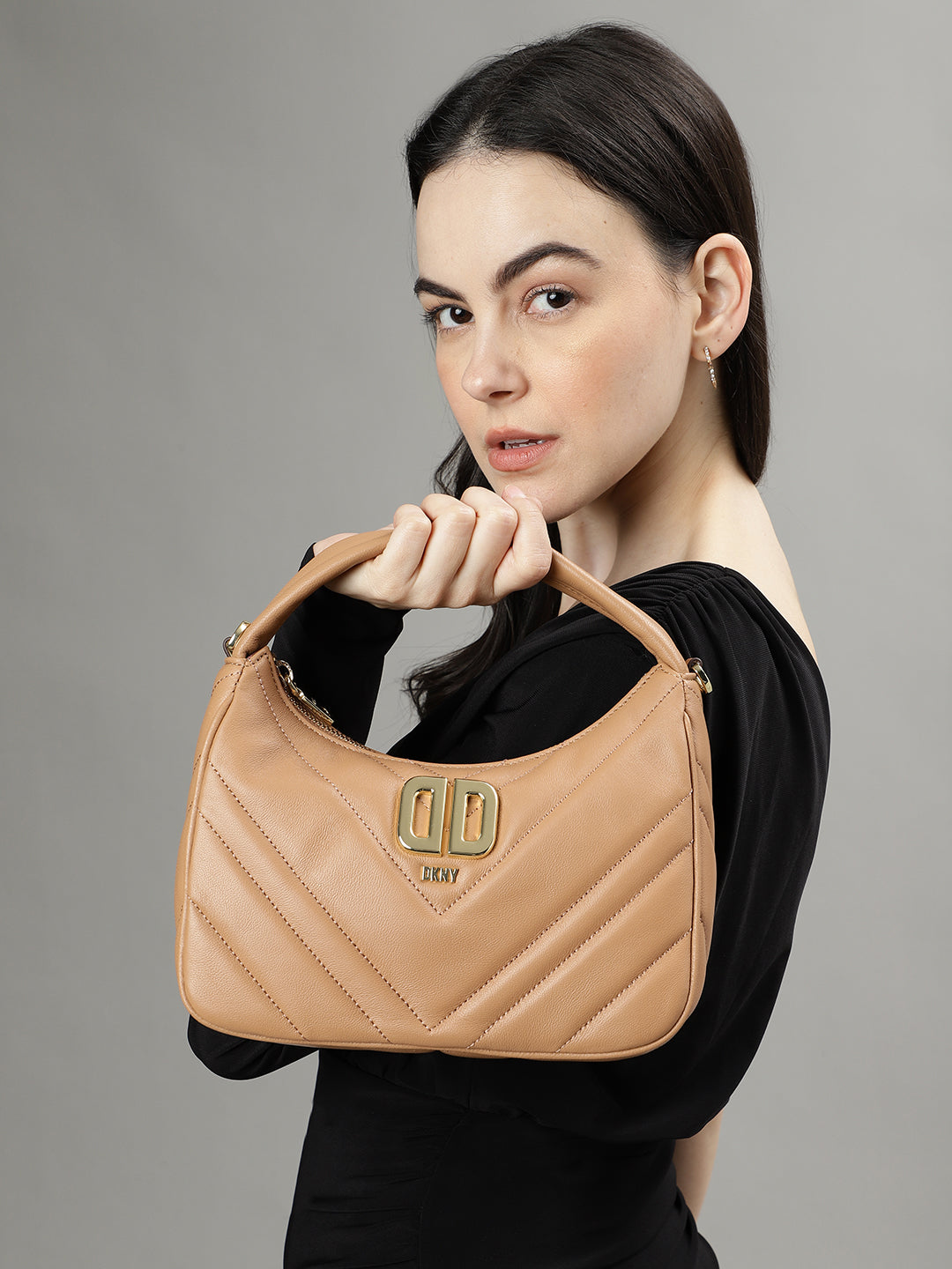 Dkny Women Beige Solid Quilted Hobo Bag